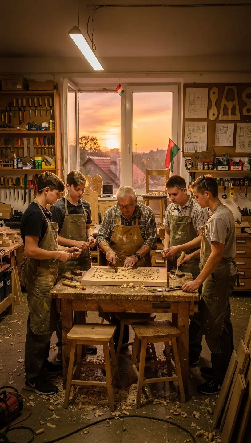 Fából készült bútorok bemutatója egy online tanfolyamon.